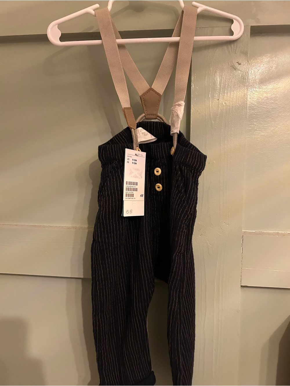 H&M Navy Pinstripe Pants with Beige Suspenders